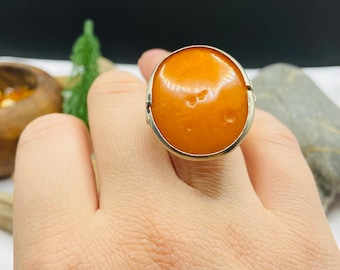 Oversize Soviet vintage Amber ring, polished huge statement piece, size 7 US