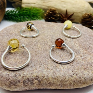 Baltic Amber Sterling Silver solitaire rings, size 6-8 US, 4 color variations
