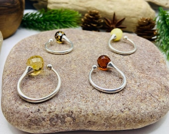 Baltic Amber Sterling Silver solitaire rings, size 6-8 US, 4 color variations