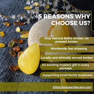 May include: The image showcases natural Baltic amber gemstones in various shapes and sizes, with a focus on a large, polished yellow amber piece. Text highlights key features: natural amber, fast shipping, ethical sourcing, mystery gift, and family business.