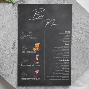 Menu baru, znak weselny, szablon menu koktajlowego, drukowany znak drinków dla niego i dla niej, edytowalny znak baru, lista piw i win