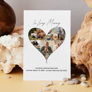 Cartão de obituário personalizado com colagem de fotos em formato de coração | Modelo de programa de funeral sincero para homenagens memoráveis, Canva, download instantâneo