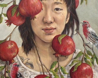 Pomegranate and Finch Portrait Print – Surreal Magic Realism