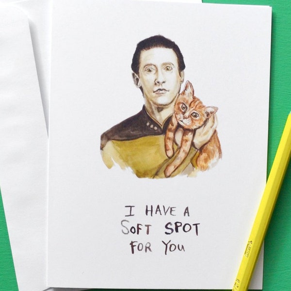 Star Trek Card - Data and his Cat Spot - Funny Nerdy Pun - The Next Generation - Watercolor Illustration - Nerdy Card - Funny Card