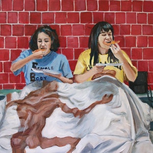 Broad City Painting - Abbi and Ilana eating pizza - New York TV pop culture painting art print fine art painting 5x7 8x10 and 11x14