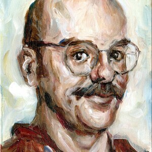 May include: A painting of a man with a bald head, wearing glasses and a brown shirt. He has a mustache and a slight smile.