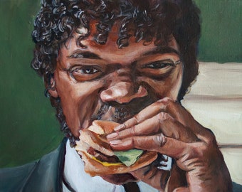 Jules Eats a Big Kahuna Burger - Pulp Fiction Painting Samuel L Jackson - Acrylic Painting Portrait art print painting 5x7 8x10 and 11x14