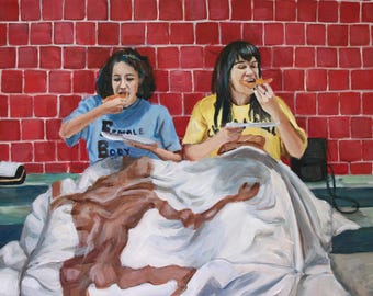 May include: An oil painting depicts two people eating food in front of a red brick wall. One person wears a blue shirt with the text "FEMALE BODY", and the other wears a yellow shirt. A white blanket is in the foreground.
