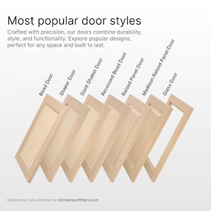 A promotional image featuring different cabinet door styles, including the Bead Door.
