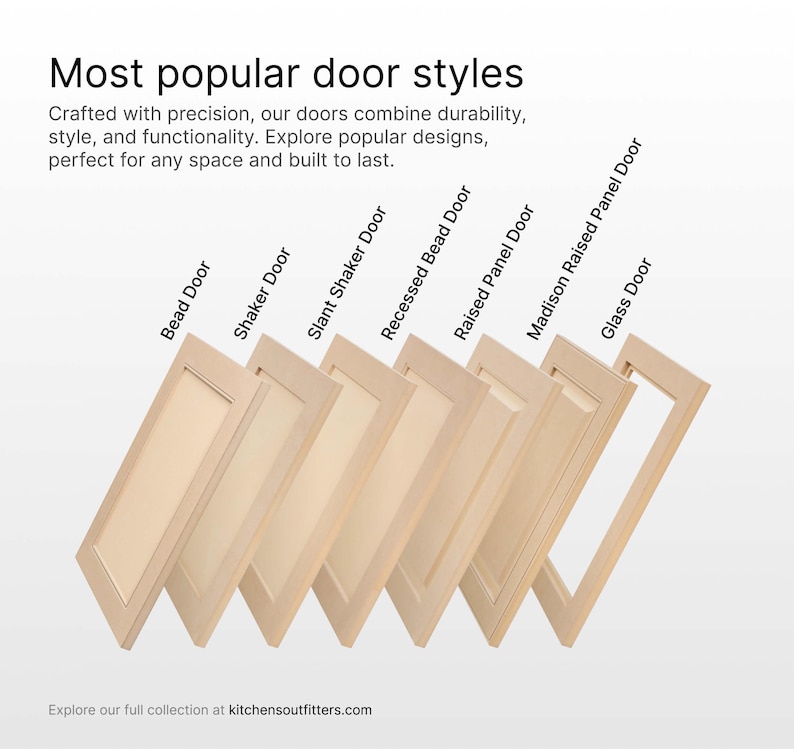 A promotional image featuring different cabinet door styles, including the Bead Door.