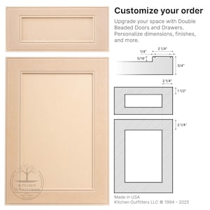 Technical drawing showing dimensions and bead profile of cabinet door and drawer