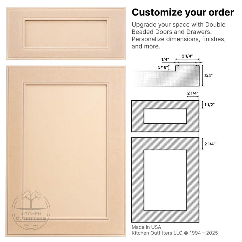 Technical drawing showing dimensions and bead profile of cabinet door and drawer