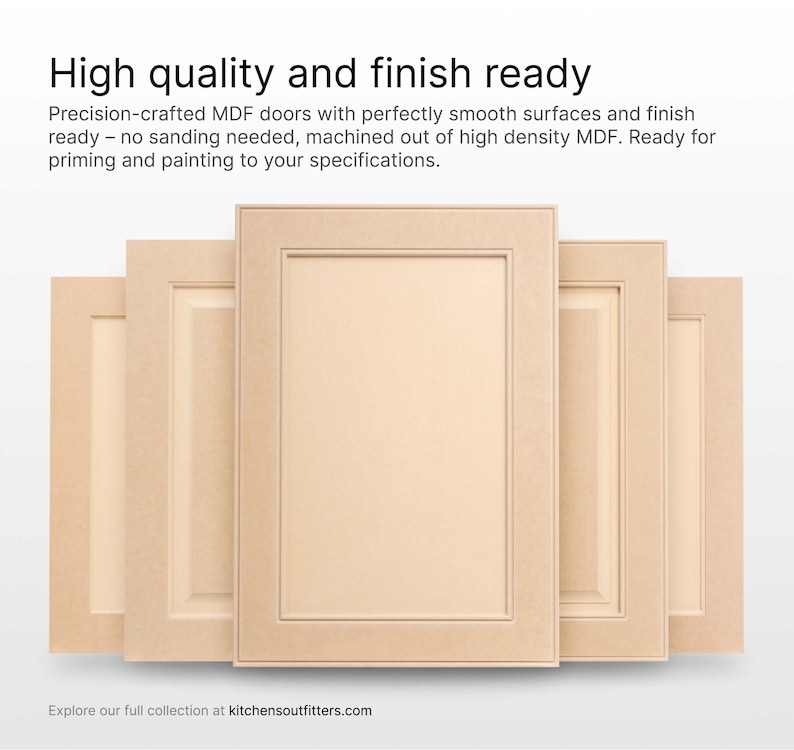 A marketing banner focusing on custom MDF cabinet doors, including the double beaded design.