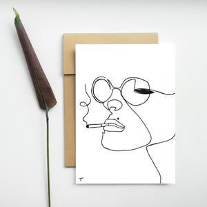 Carte postale - Visage de femme fumant une cigarette - Addiction - Art Print - Dessin minimaliste - One Line drawing - Illustration femme -