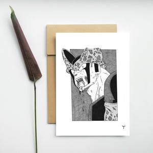 Cell - Dragon Ball - Carte Postale Illustration A6 - Print- 10.5x14,8cm - Décoration- idée cadeau événement -dessin noir et blanc - fan art