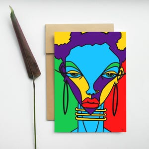 Carte postale - Femme girafe - Afro art - Pop art - Street art - Peinture acrylique illustration - dessin visage femme coloré - Art Print A6