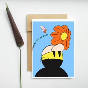 Carte postale - Mr Smile et sa fleur - Illustration smiley - Illustration couleur - dessin fait main - Print A6 - Décoration intérieur -