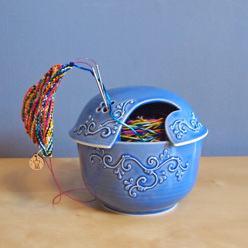 ceramic yarn bowl with lid in Delphinium blue Etsy