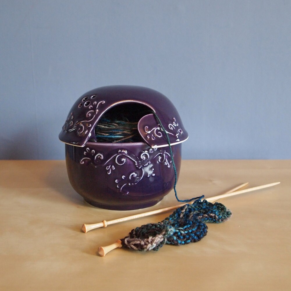 ceramic yarn bowl with lid in blue violet Etsy