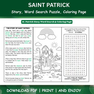 May include: A black and white coloring page with the text "SAINT PATRICK" at the top. The page includes a story about Saint Patrick, a word search puzzle, and illustrations of a rainbow, Saint Patrick, and sheep. The text "DOWNLOAD PDF | PRINT | AND ENJOY" is at the bottom.