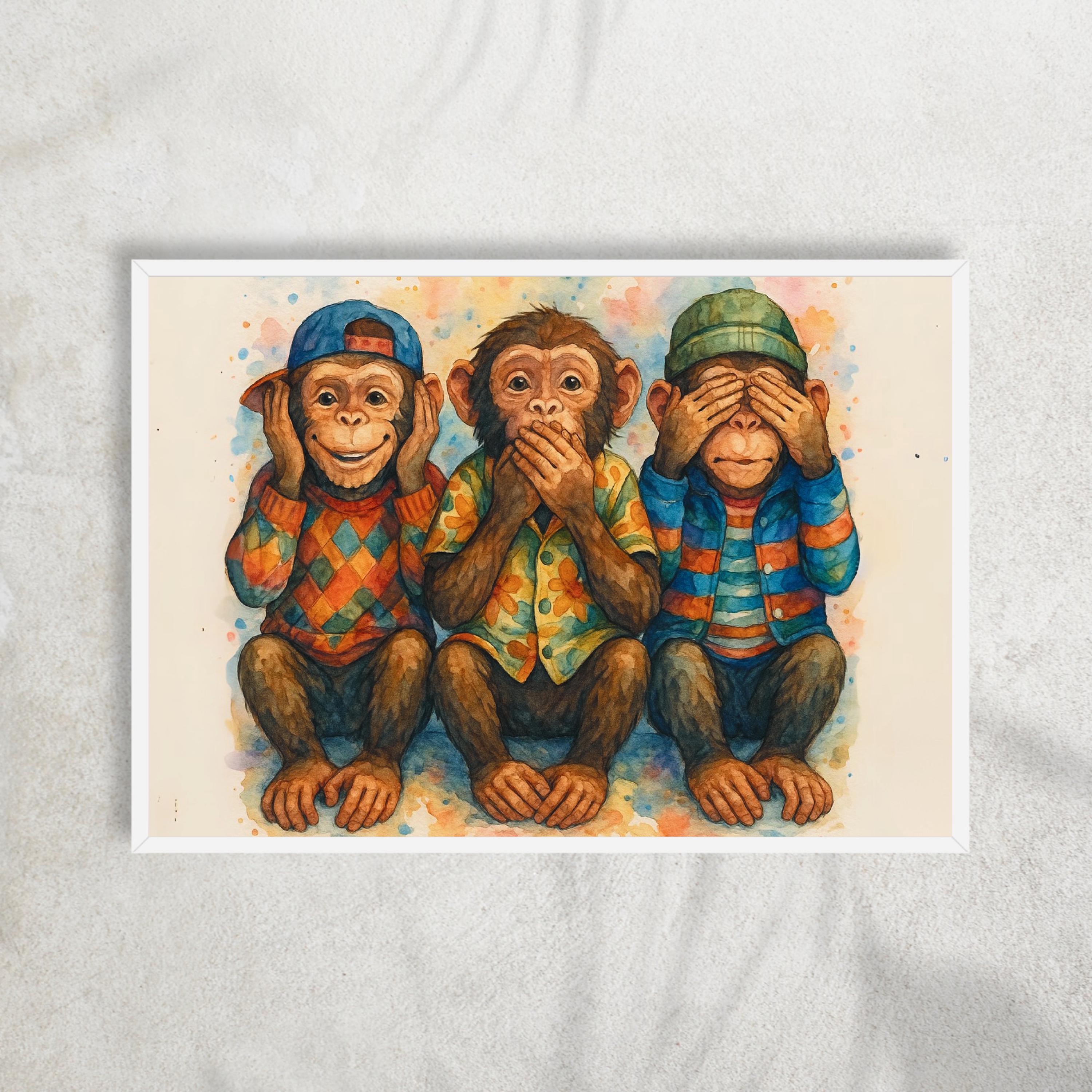 Three Wise Monkeys Art Print: Playful Chimpanzee Watercolor (digital ...