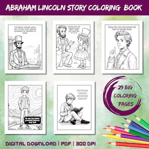 Abraham Lincoln Coloring Pages for Kids, Instant Download, Lincoln Story Coloring Book, American Presidents Coloring Pages, Digital