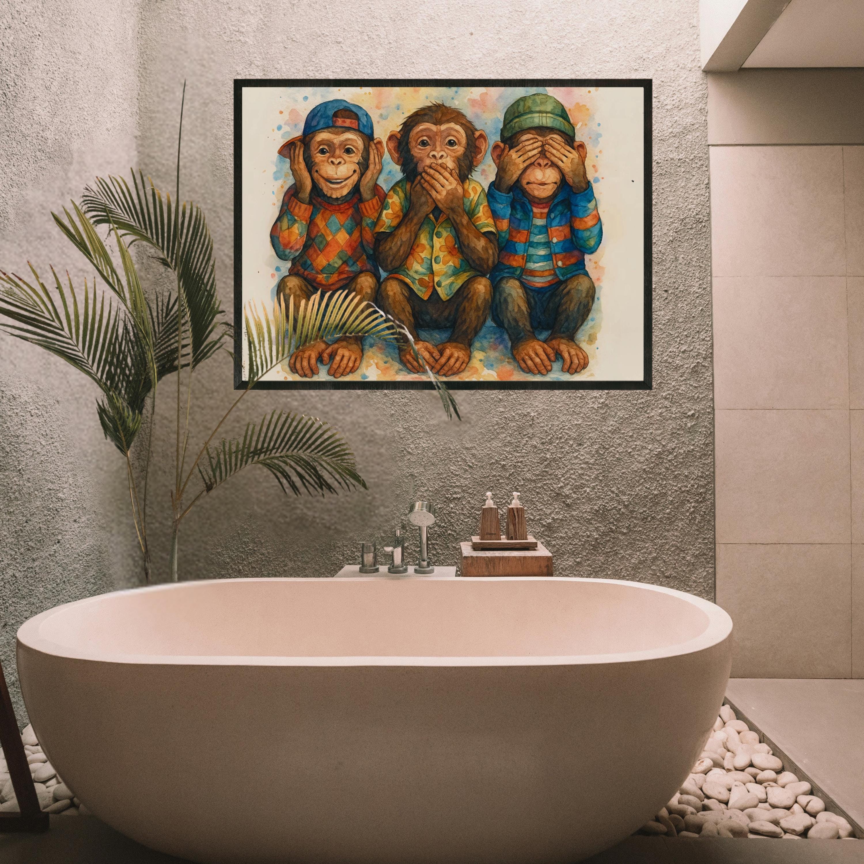 Three Wise Monkeys Art Print: Playful Chimpanzee Watercolor (digital ...