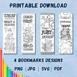 Puede incluir: Cuatro diseños de marcapáginas imprimibles en blanco y negro. Los diseños presentan un payaso, un mono leyendo un libro, un astronauta y un perro. El texto en los marcapáginas dice "¡Wao! ¡Qué sorpresa!", "Leer Pensar Tomar un café", "¡No puedo parar!" y "¡Soy un ratón de biblioteca genial!"