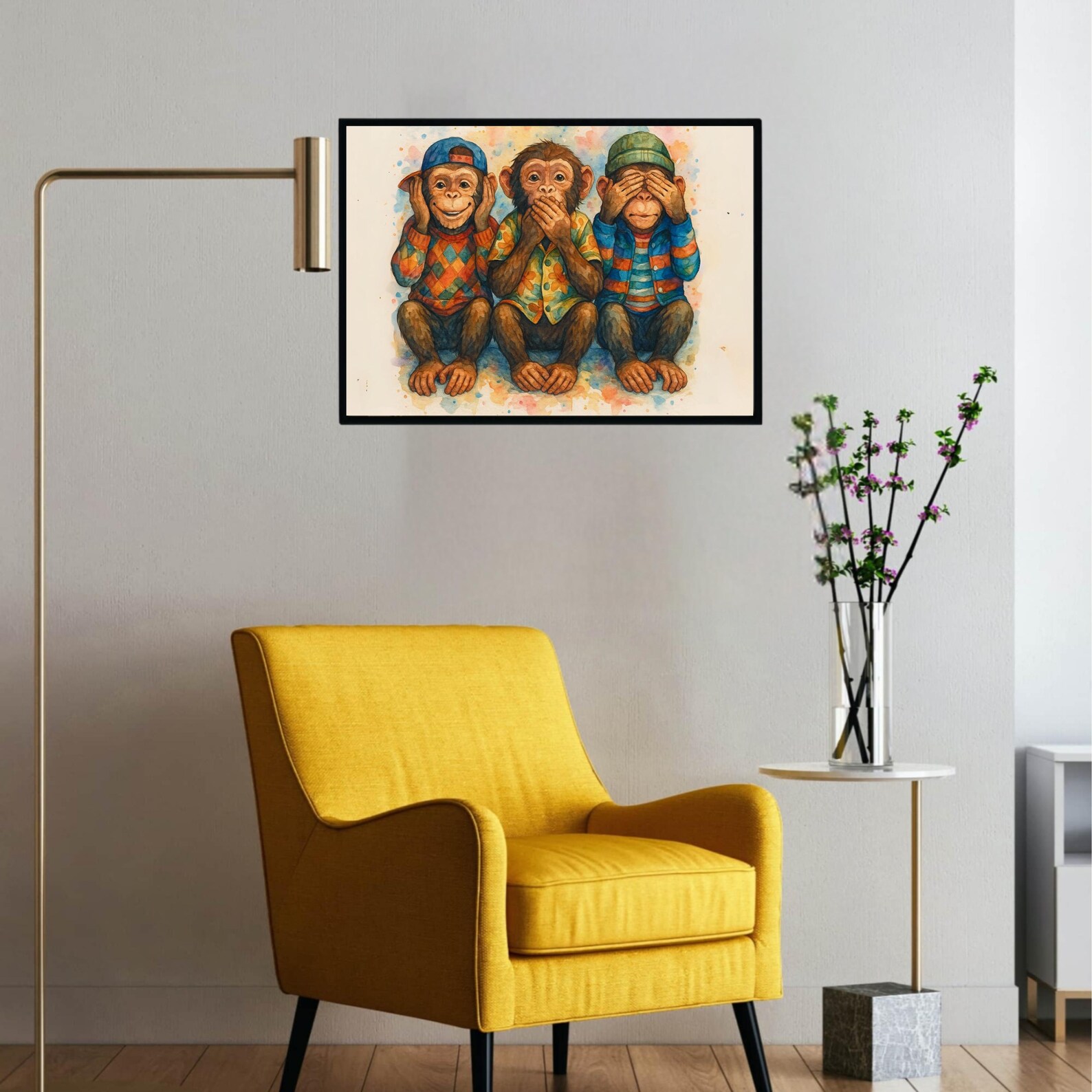 Three Wise Monkeys Art Print: Playful Chimpanzee Watercolor (digital ...