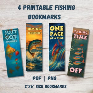 Segnalibro da pesca stampabile in formato PNG, 4 simpatici segnalibri per gli amanti dei pesci e della natura, segnalibri stampabili personalizzati, stampe naturalistiche fai da te da scaricare in formato PDF