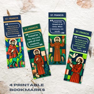 Zakładki do książek św. Franciszka z Asyżu, 4 inspirujące cytaty św. Franciszka, zakładki do Biblii, chrześcijańska sztuka do druku, cyfrowy prezent dla świętych
