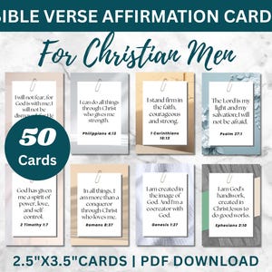 May include: A collection of Bible verse affirmation cards for Christian individuals. Each card, approximately 2.5" x 3.5", features a scripture quote. The image includes the text "For Christian Men" and "50 Cards".