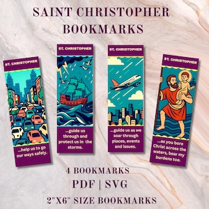 Puede incluir: Cuatro marcapáginas de San Cristóbal con ilustraciones de una ciudad, un barco, un avión y San Cristóbal. Cada marcapáginas mide 5 cm x 15 cm e incluye una cita. El texto "SAINT CHRISTOPHER BOOKMARKS" está en la parte superior.
