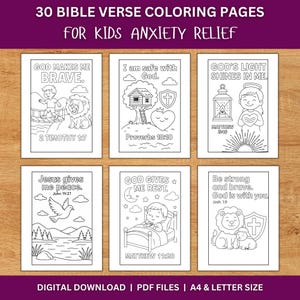Dibujos para colorear con versículos bíblicos para niños: Afirmaciones bíblicas para aliviar la ansiedad (Descarga digital)