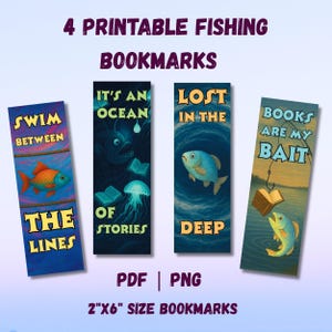 Segnalibro stampabile a tema pesca in formato PNG, 4 segnalibri fai da te a tema pesce, stampe personalizzate sulla natura per amanti dei libri in formato PDF, download digitale PNG