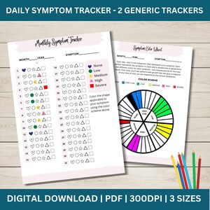 May include: Two-page digital download of symptom trackers. The first page is a monthly tracker with boxes to color-code symptoms. The second page is a color wheel with a color scheme for symptom severity. Text includes "Daily Symptom Tracker" and "Digital Download".