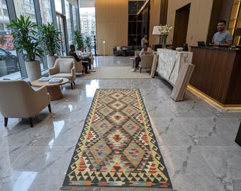 Handwoven Kilim Runner Rug, Colorful Geometric Flatweave Carpet, Authentic Turkish Boho Hallway Mat, Wool Tribal Kitchen Runner