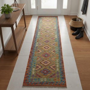 Può includere: Un lungo tappeto runner rettangolare con un motivo geometrico a rombi nei toni dell'arancione, blu, verde e viola. Il tappeto è posizionato su un pavimento piastrellato in un corridoio, aggiungendo un elemento decorativo all'ingresso.