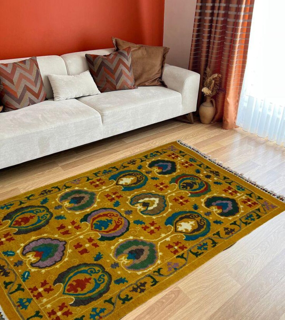 Handcrafted Suzan Wool Rug- 4x6 Feet Uzbek Tribal Floral Carpet - Etsy