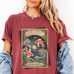 Camiseta vintage com estampa de cartas de tarô de Peixes, camiseta com astrologia do zodíaco, camiseta com horóscopo místico, camiseta vintage com o zodíaco celestial, presente para adolescentes