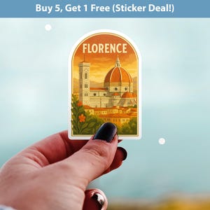 May include: A sticker featuring a stylized illustration of Florence, Italy, with the Duomo and Giotto's Campanile. The sticker has an arched top and the word "FLORENCE" in bold letters. The background is a sunset.