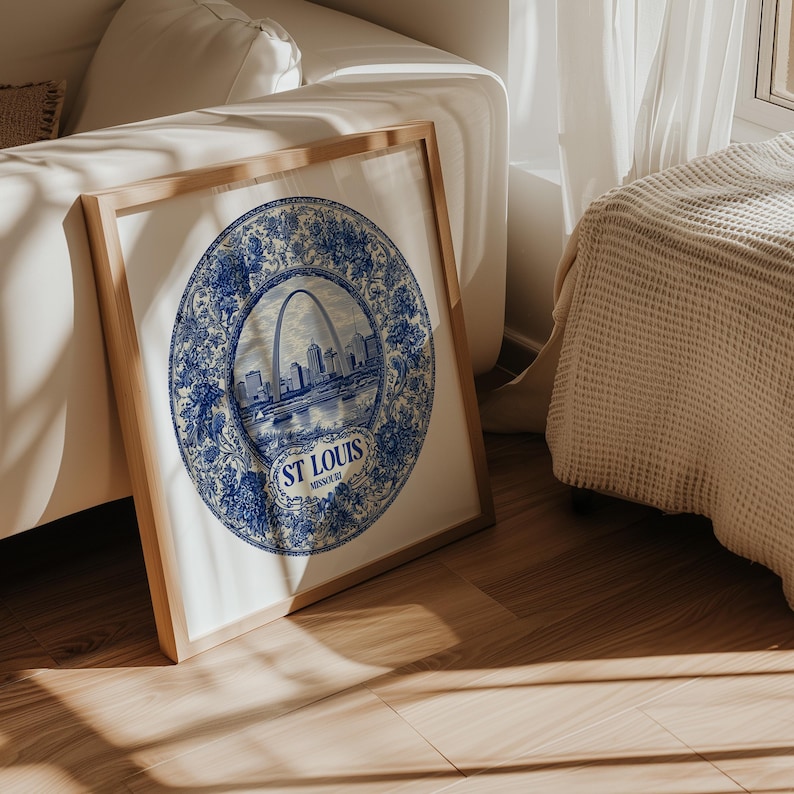 St Louis Missouri Wall Art, Vintage Delft Blue Poster, City Print, Travel Home Decor image 1