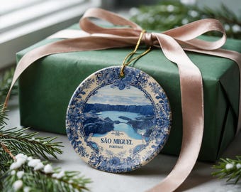 Custom Sao Miguel Portugal Ceramic Delft Ornament, Azores Christmas Delftware, Blue Delftware City travel