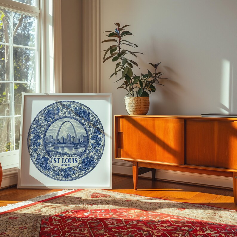 St Louis Missouri Wall Art, Vintage Delft Blue Poster, City Print, Travel Home Decor image 7
