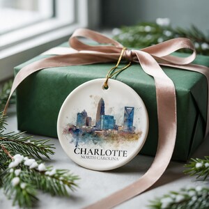 Charlotte North Carolina Personalized Watercolor Ornament, Custom Ceramic Christmas gift, Travel Keepsake