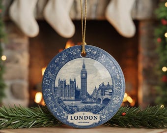 May include: A round, blue and white ceramic ornament featuring an illustration of the London skyline, including Big Ben. The ornament has a decorative border and a gold string for hanging. The word "LONDON" is printed on the ornament.