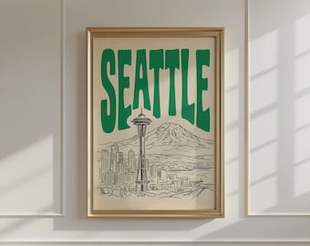 Seattle Skyline Wall Art, Vintage Travel Framed Canvas Print