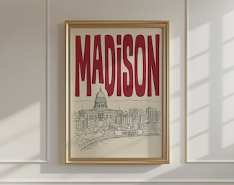 Minimalistische muurdecoratie met de skyline van Madison, Wisconsin, ingelijste canvasprint, retro decoratie voor het Capitool.
