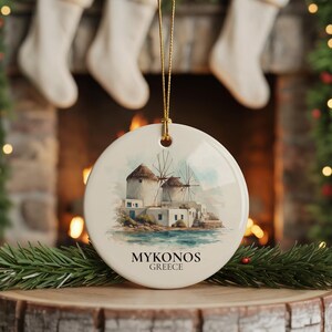 Mykonos Greece Custom Watercolor Ornament, Personalized Ceramic Christmas gift, Travel Keepsake