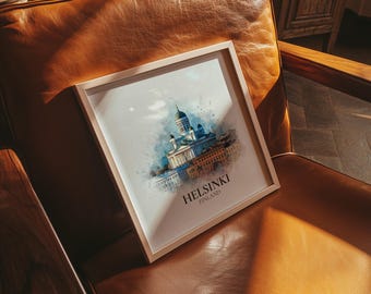 Helsinki Finland Watercolor Wall Art Print, Custom Travel Poster, World Locations Keepsake Gift